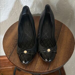 Cole Haan Black Quilted Ballet Flats with Patent Toe and Gold Logo